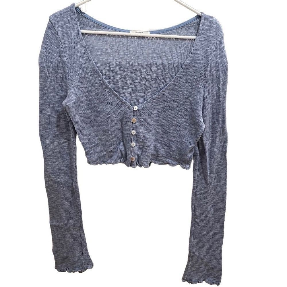 Tularosa Sweater Womens M Long Sleeve Cropped Lettuce Edge Hem Y2K VNeck Marled
